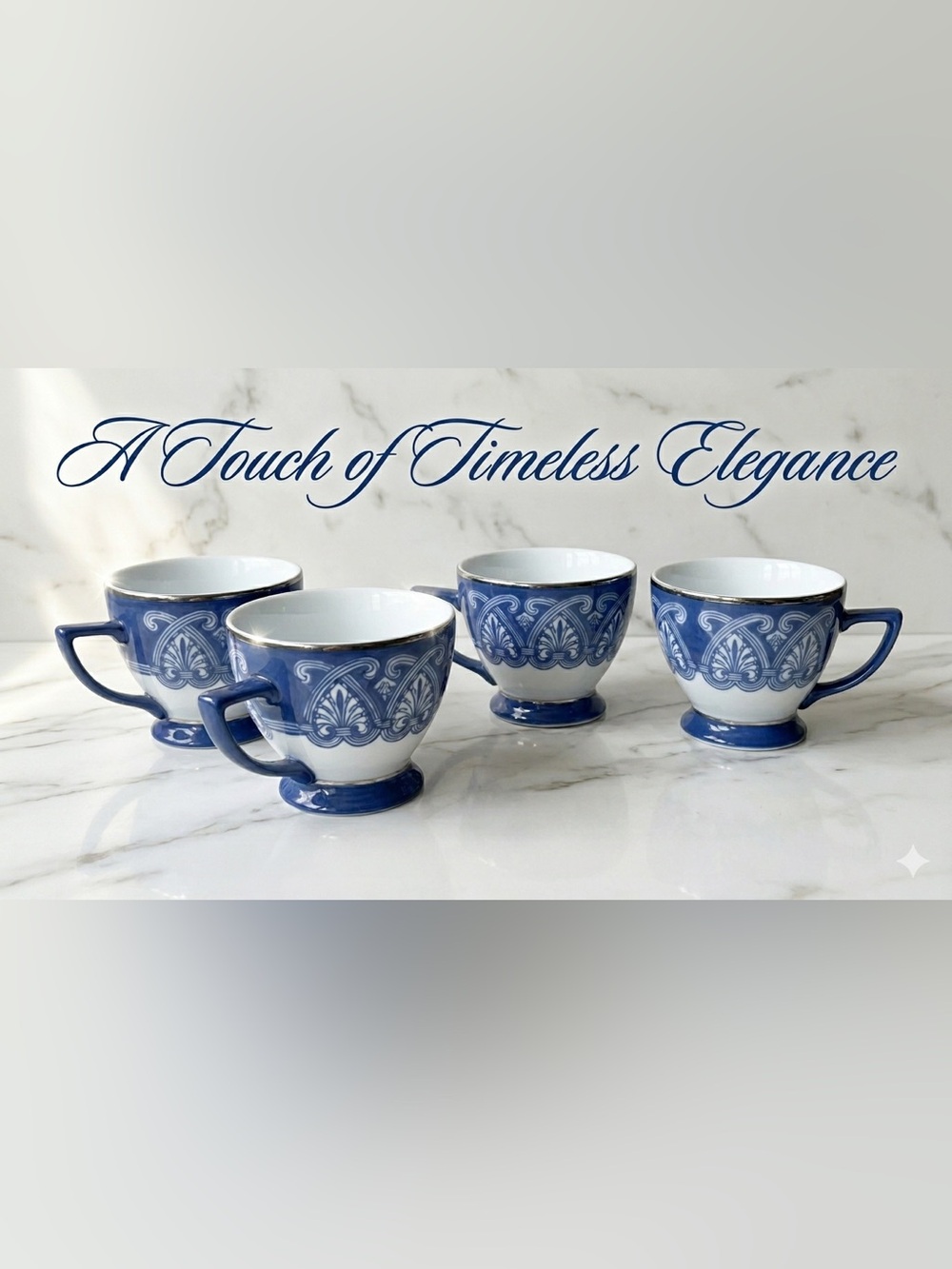Bombay Company Vintage Blue & White Arabesque Tile Teacups Silver Trim Set of 4